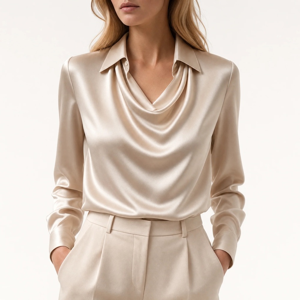 Lafayette 148 New York Metallic Champagne Drape Front Satin Blouse